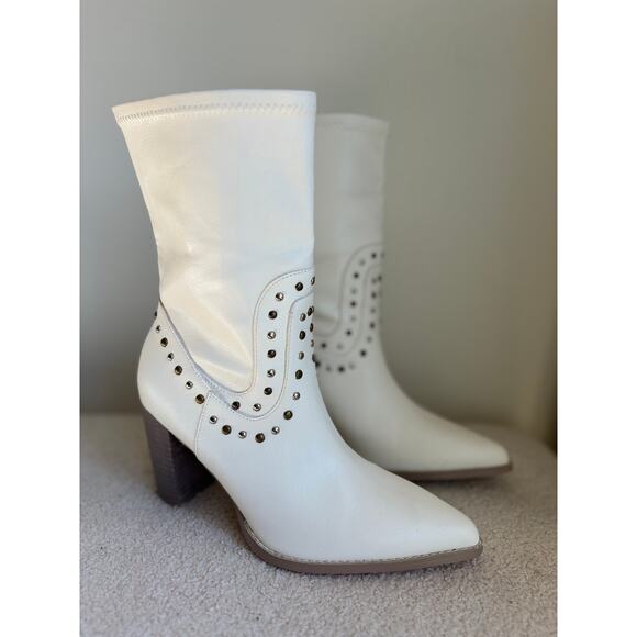 Oasis Society Womens Paris Studded Heeled Boots White‎ Western Size 8 - Picture 1 of 7